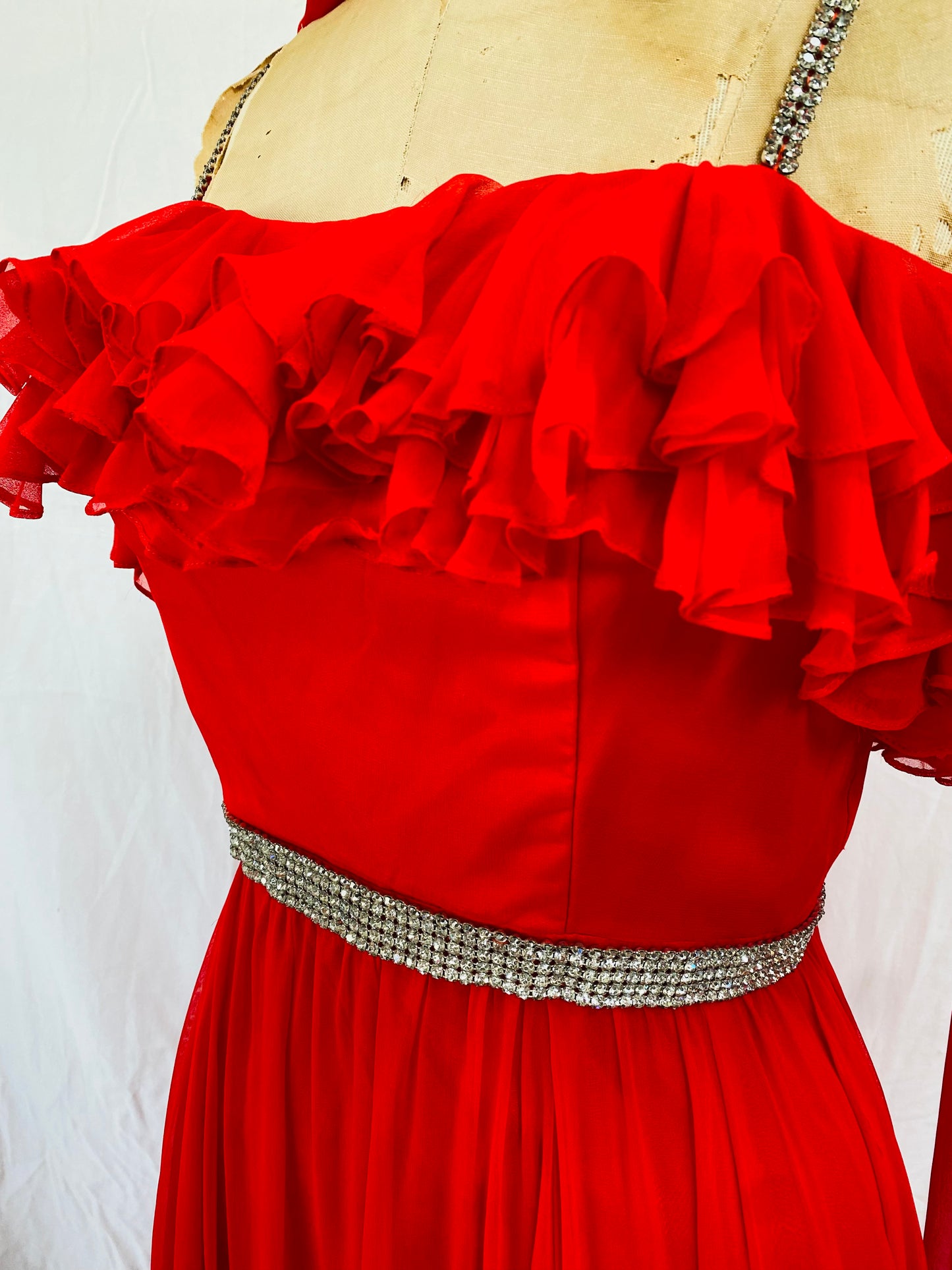 Stunning Old Hollywood 1960s Emma Domb Red Chiffon & Rhinestone Dress