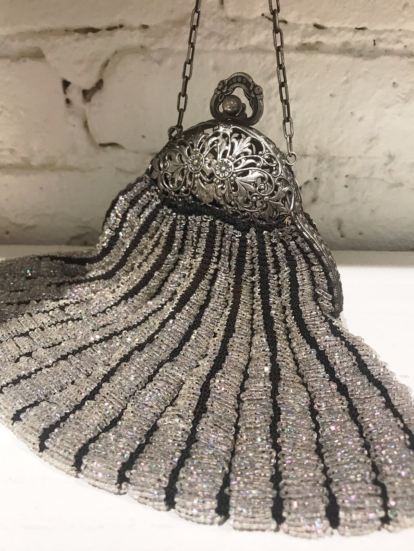 Antique Clamshell Beaded Bag with Sterling Filigree Clasp