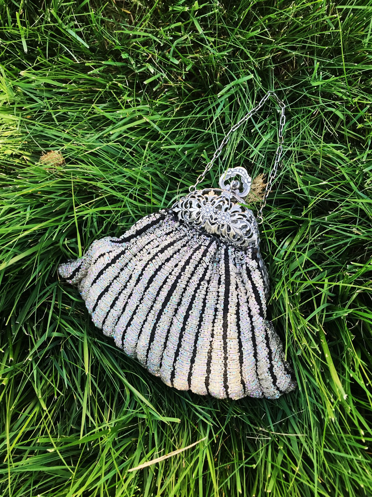 Antique Clamshell Beaded Bag with Sterling Filigree Clasp