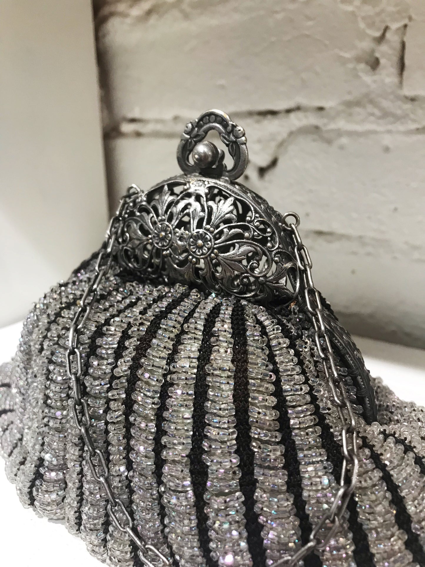 Antique Clamshell Beaded Bag with Sterling Filigree Clasp