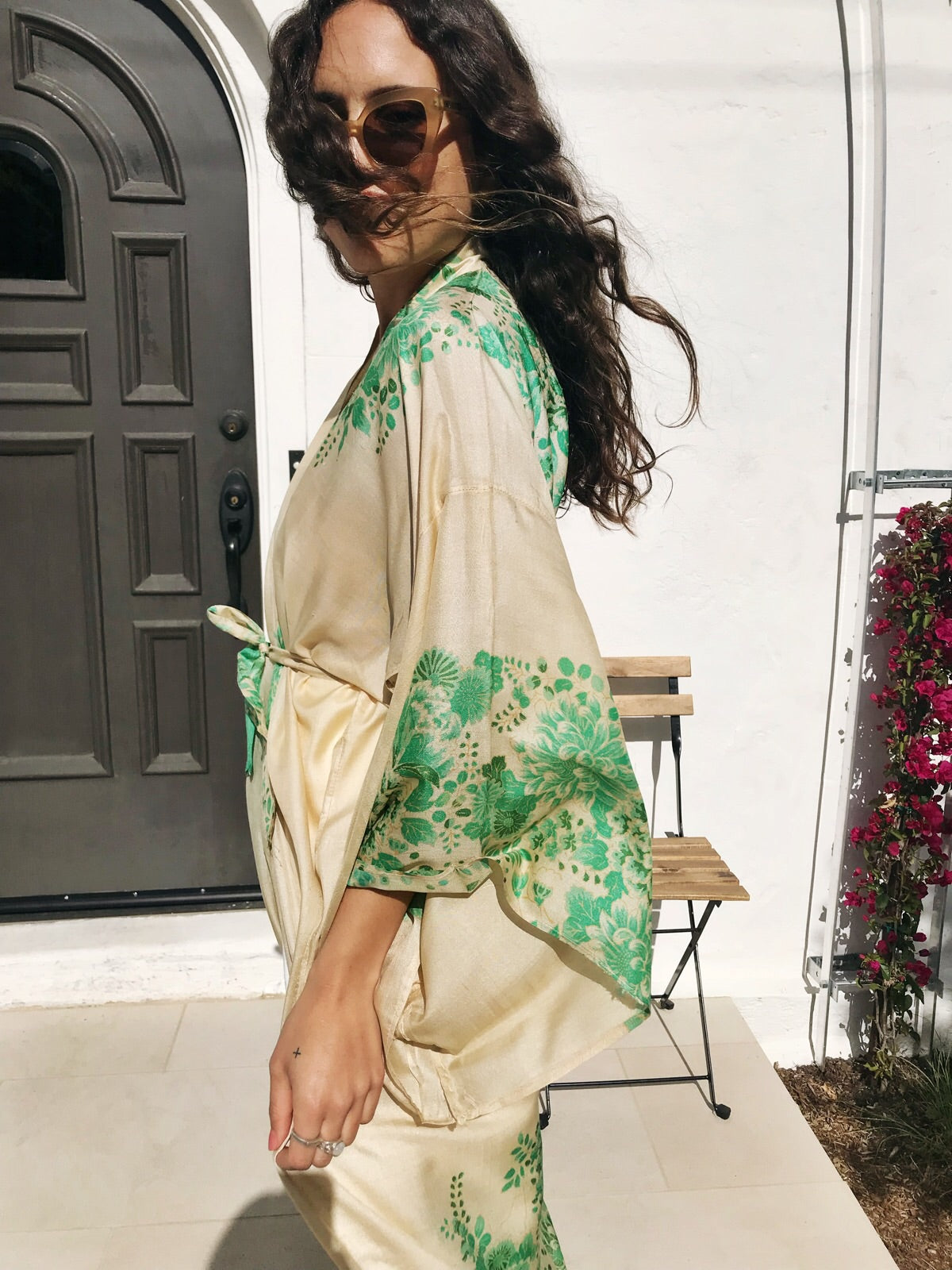 1920s Pongee Silk Kimono Robe with Green Florals