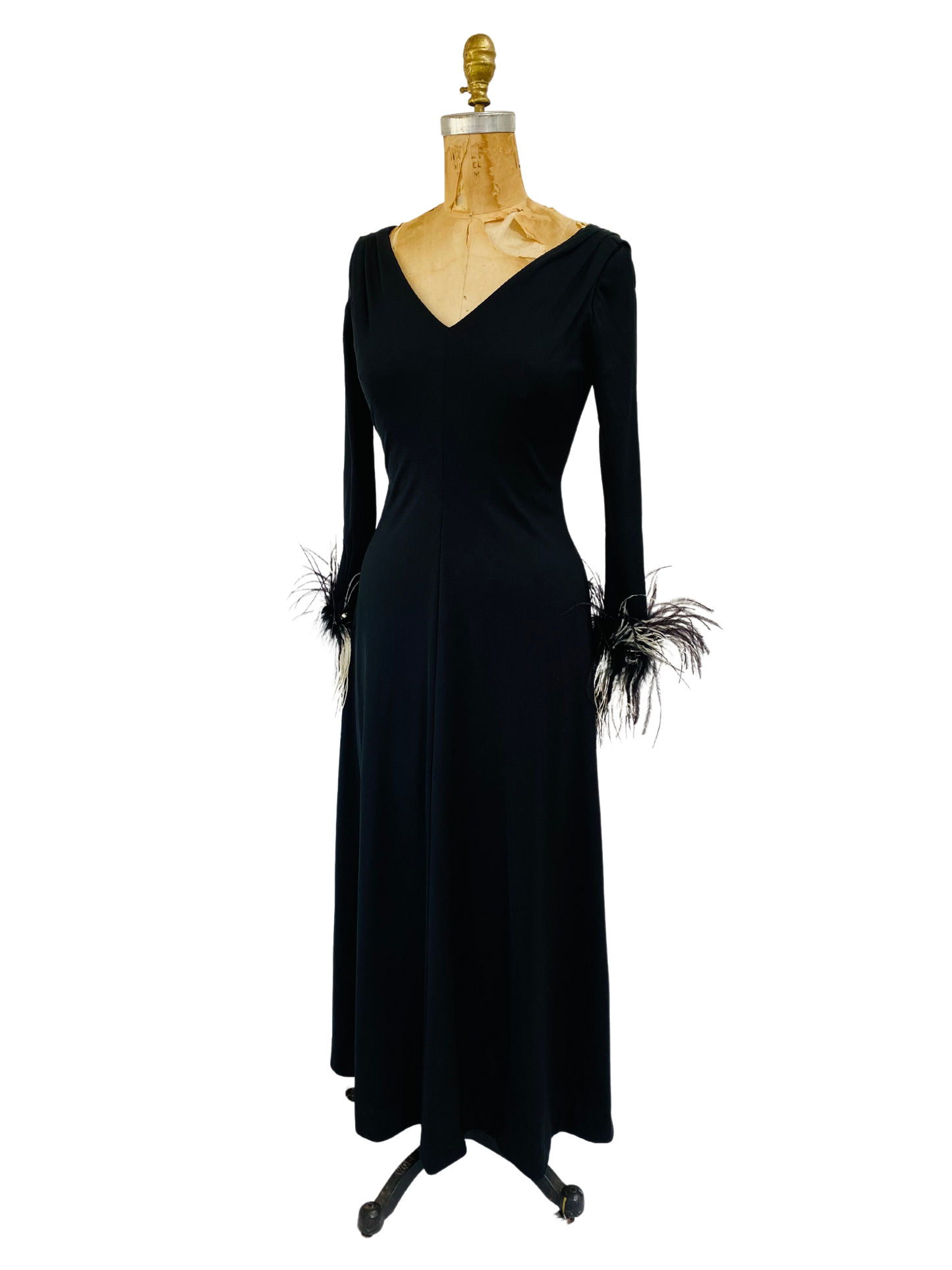 1970s Feather Cuffs Black Jersey Gown