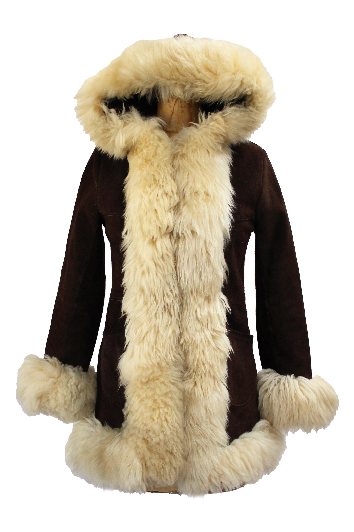 1960s Penny Lane Chocolate Brown Suede Shearling Coat with Hood