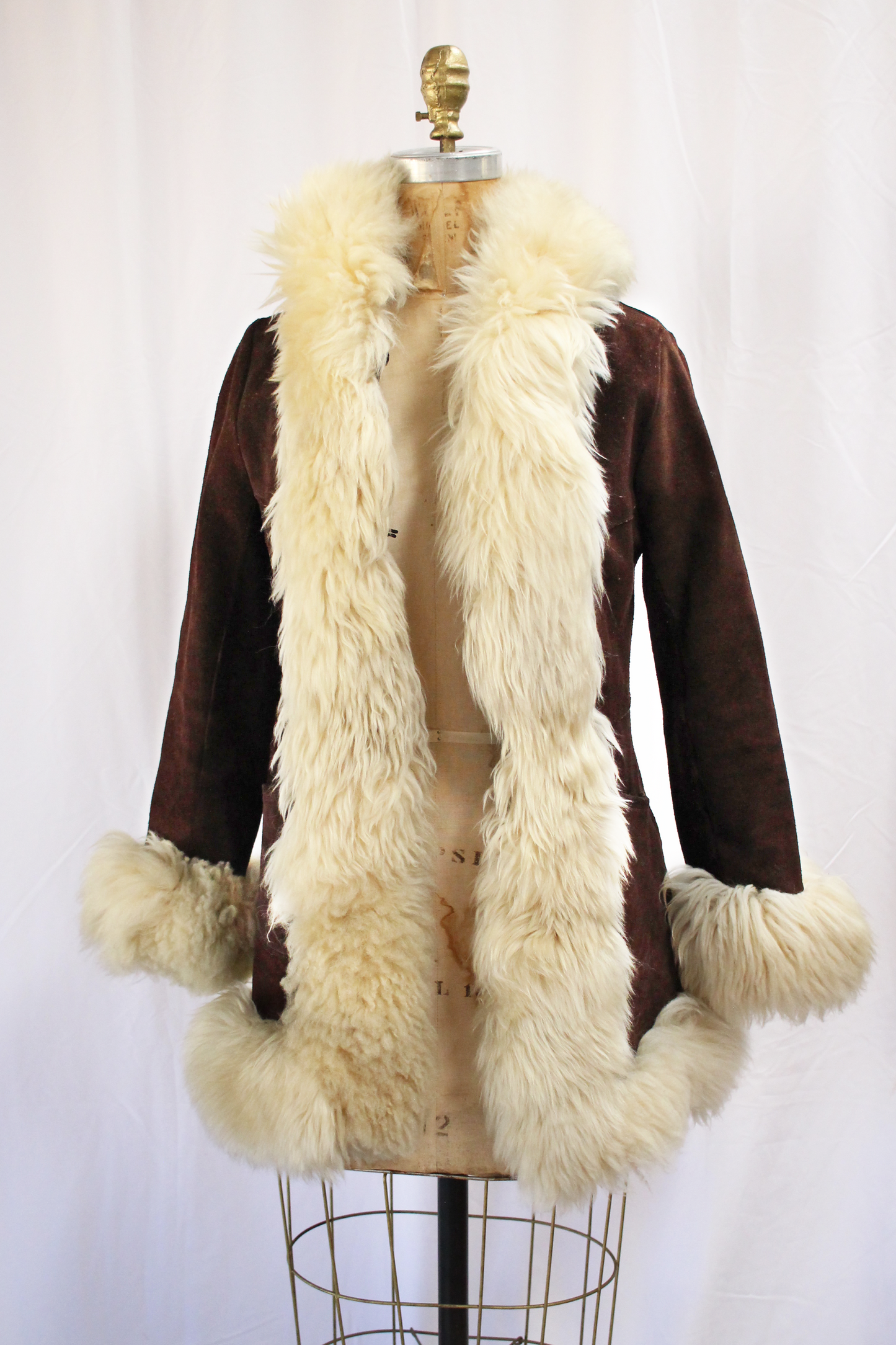 1960s Penny Lane Chocolate Brown Suede Shearling Coat with Hood