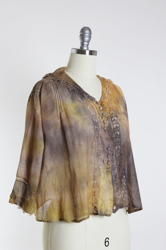 Tie-Dyed Edwardian Linen & Lace Top in Yellow & Grey