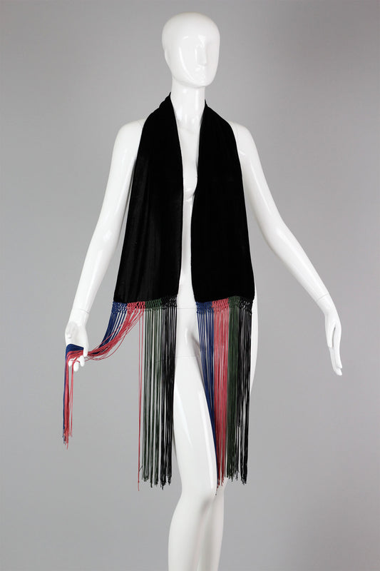 Rare 1920s Silk Velvet Fringed Scarf with Hand Knotting