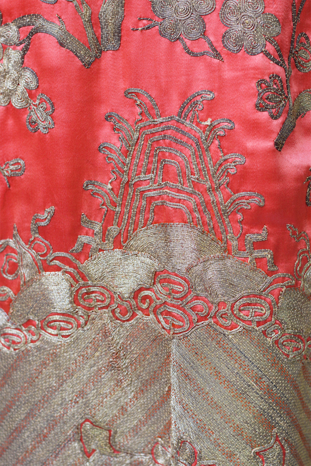 1920s Heavily Embroidered Coral Satin Metallic Chinese Robe