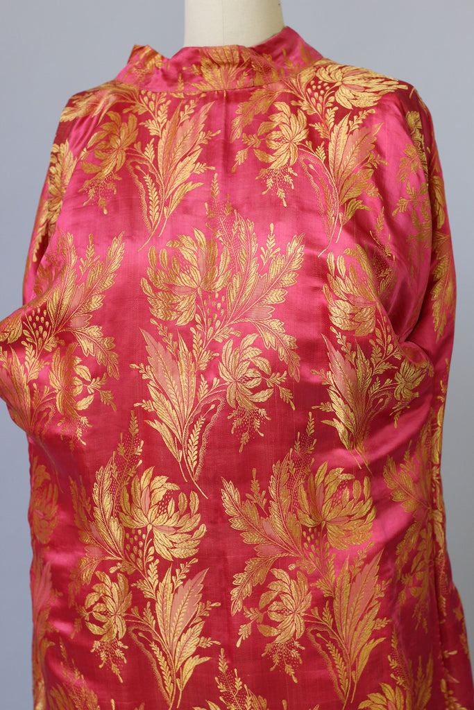 1920s Heavily Embroidered Coral Satin Metallic Chinese Robe