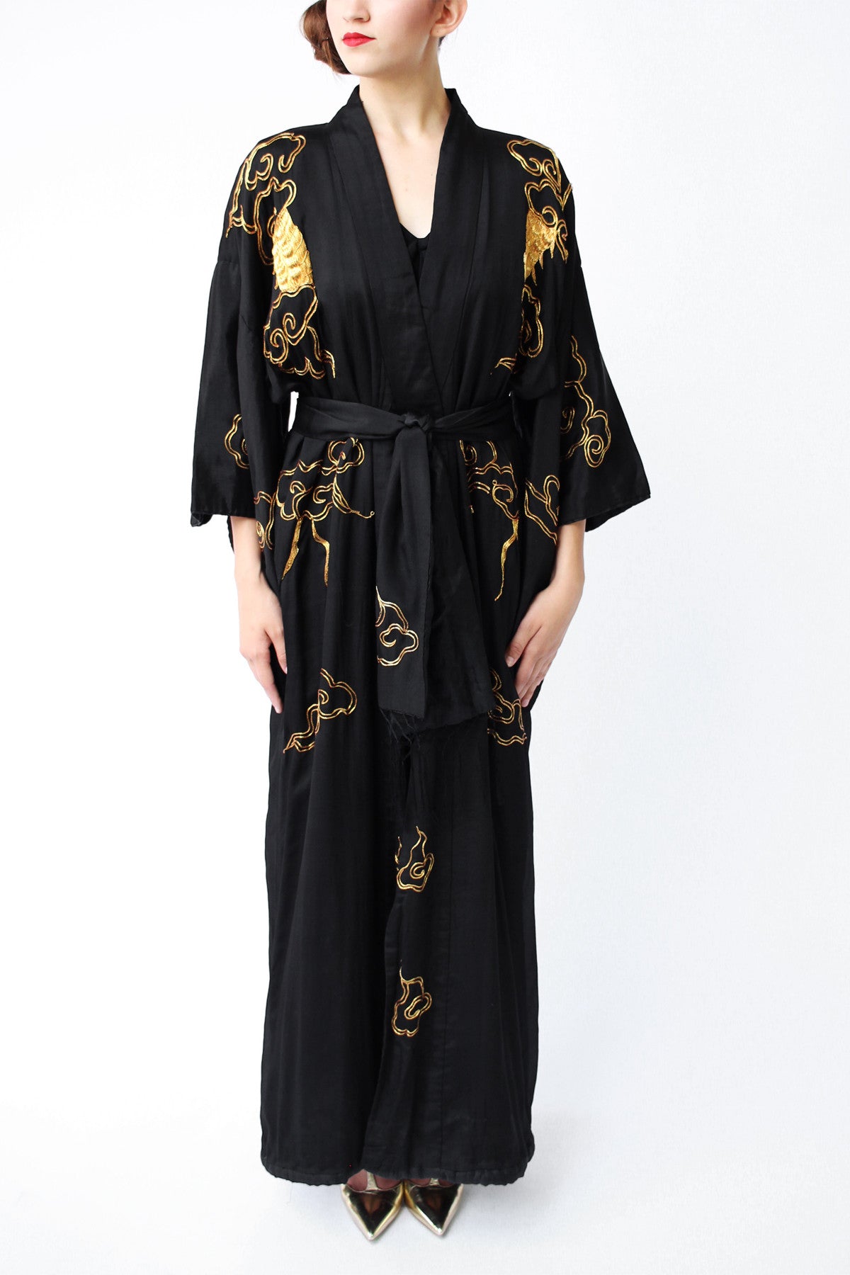 Rare 1920s Black and Gold Embroidered Dragon Kimono Robe