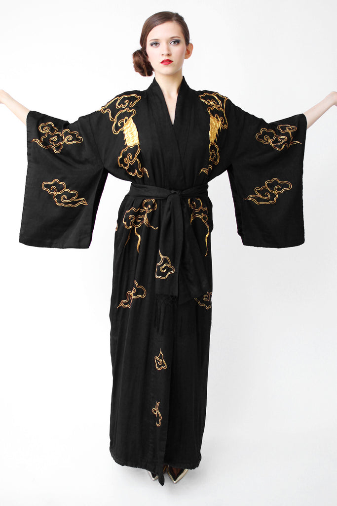 Rare 1920s Black and Gold Embroidered Dragon Kimono Robe