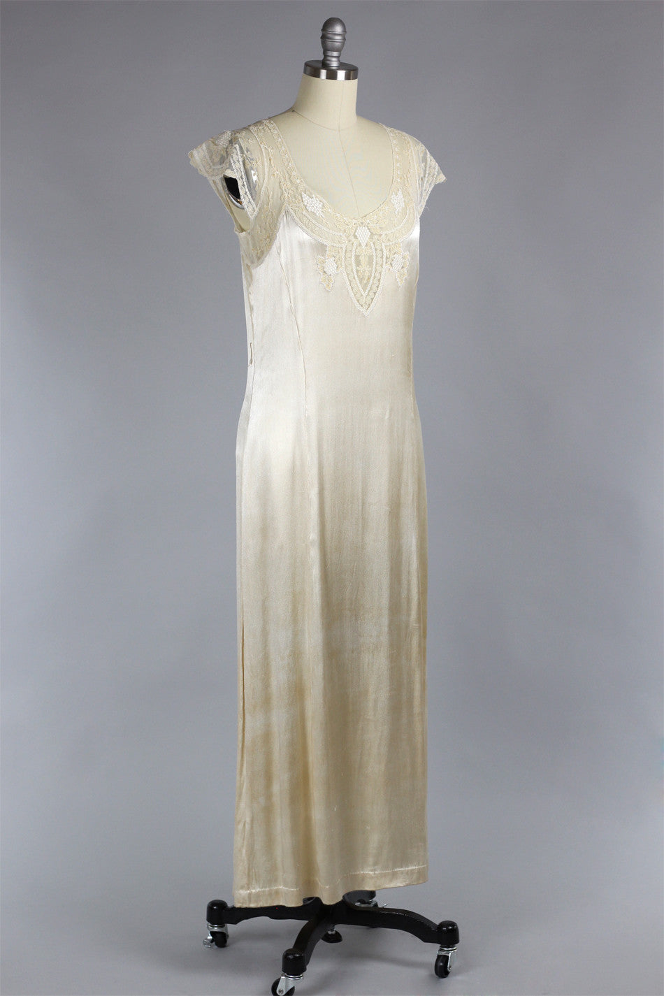 Venetian Lace 1920s Oyster Silk Duchess Charmeuse Gown