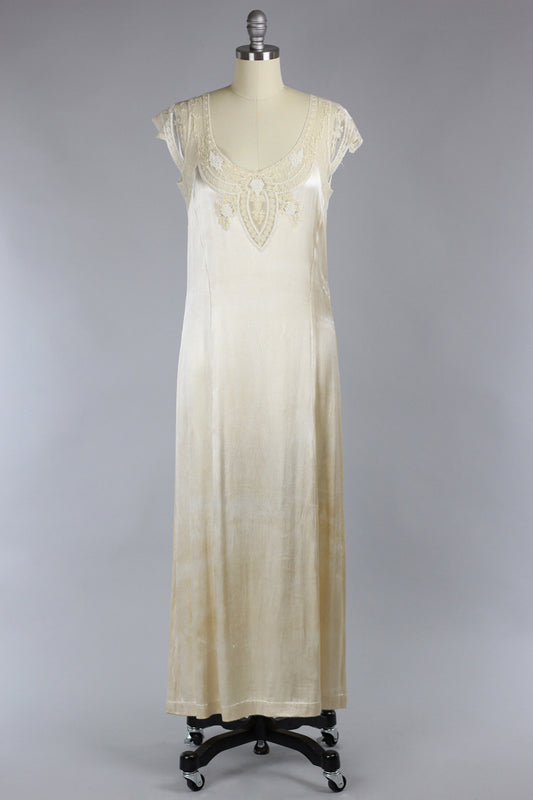 Venetian Lace 1920s Oyster Silk Duchess Charmeuse Gown