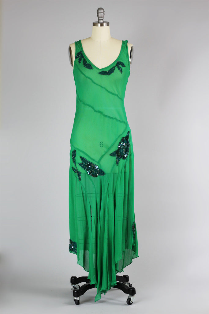 Stunning 1930s Bias Cut Silk Chiffon Green Deco Evening Gown