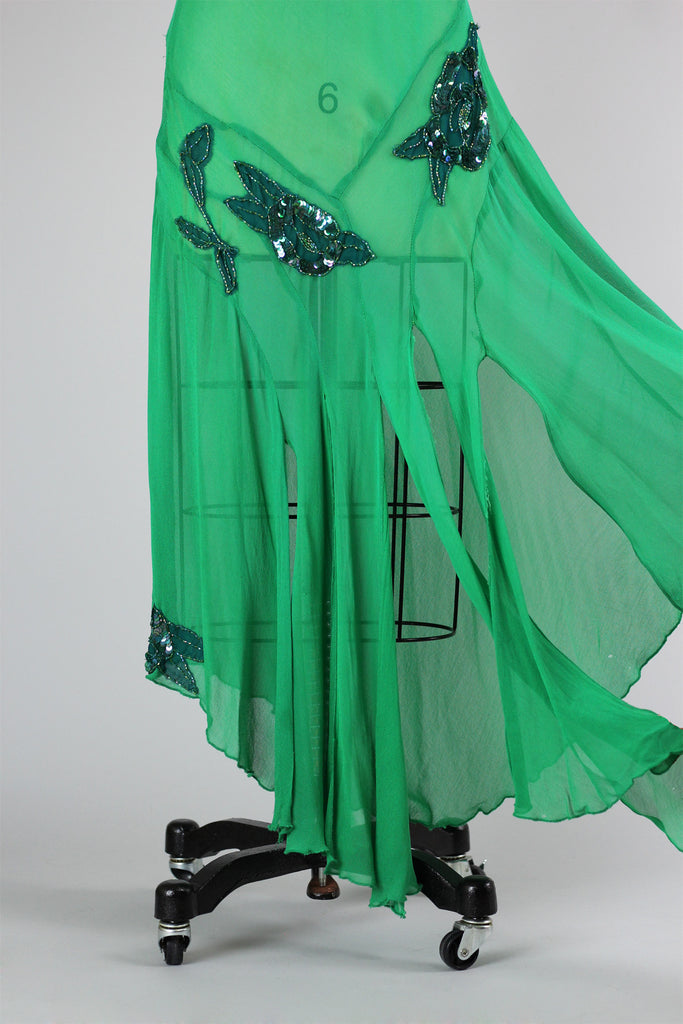 Stunning 1930s Bias Cut Silk Chiffon Green Deco Evening Gown