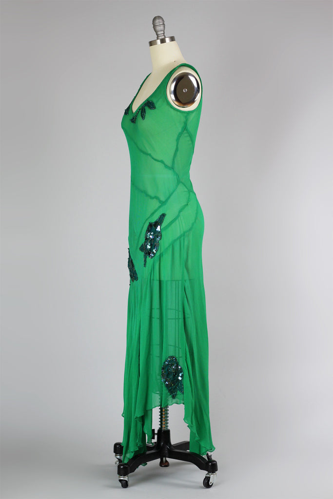 Stunning 1930s Bias Cut Silk Chiffon Green Deco Evening Gown | Muse