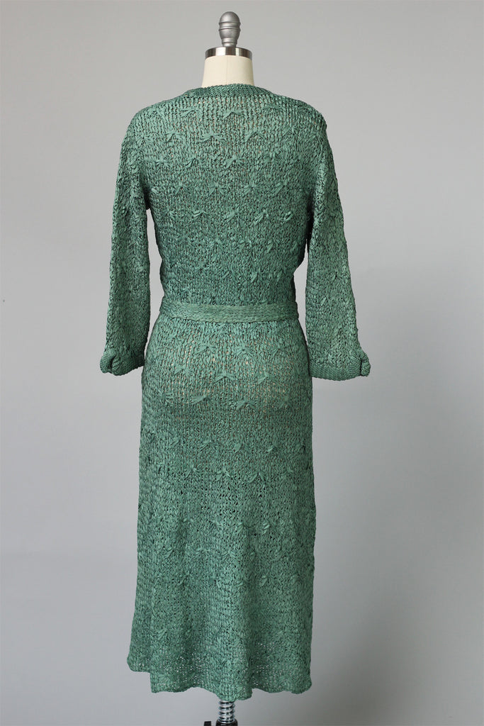 Fantastic 1930s Celadon Green Silk Ribbon Knit Dress