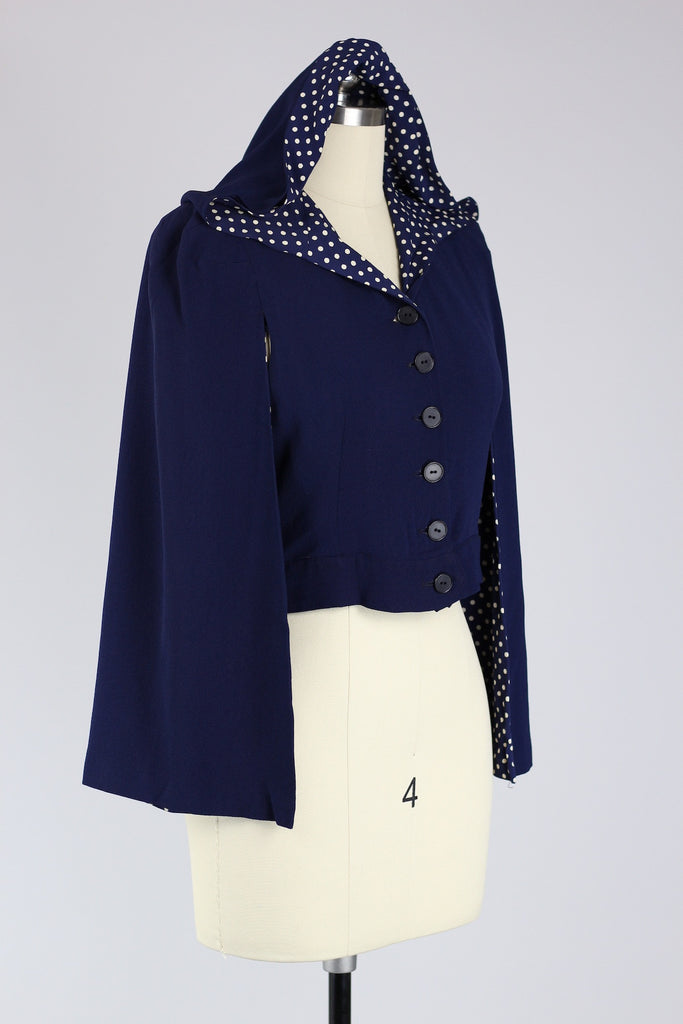 Late 1930s Early 40s Rare Hooded Backless Top Capelet with Polka Dots