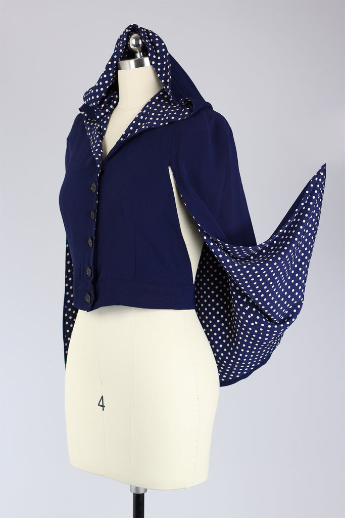 Late 1930s Early 40s Rare Hooded Backless Top Capelet with Polka Dots