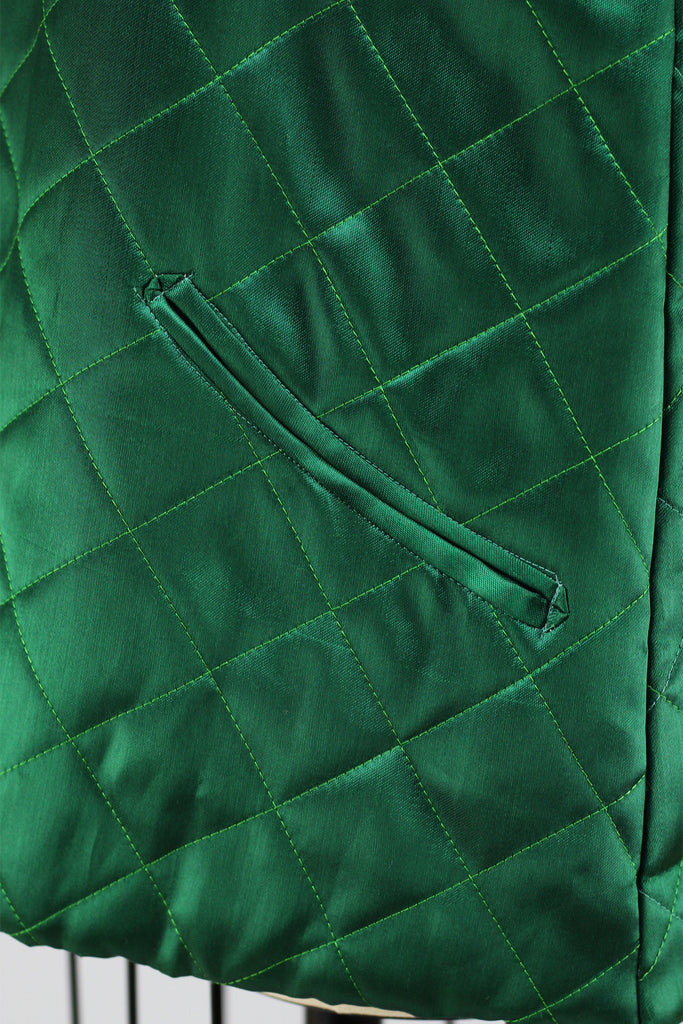Rare 1940s 50s Vintage Emerald Green Quilted Satin Embroidered Asian Jacket