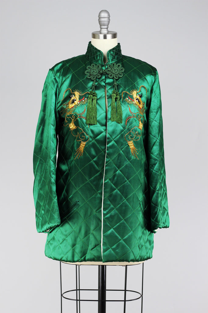 Rare 1940s 50s Vintage Emerald Green Quilted Satin Embroidered Asian Jacket