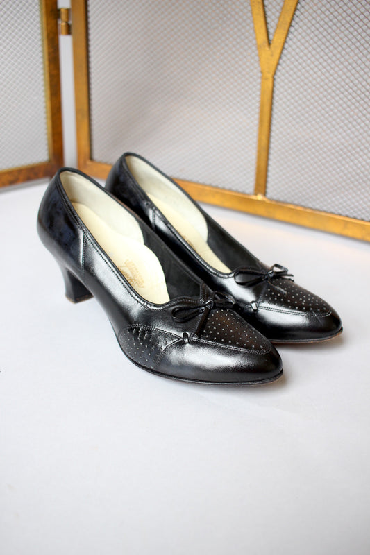 Black 1930s Perforated Heeled Flats with Bow