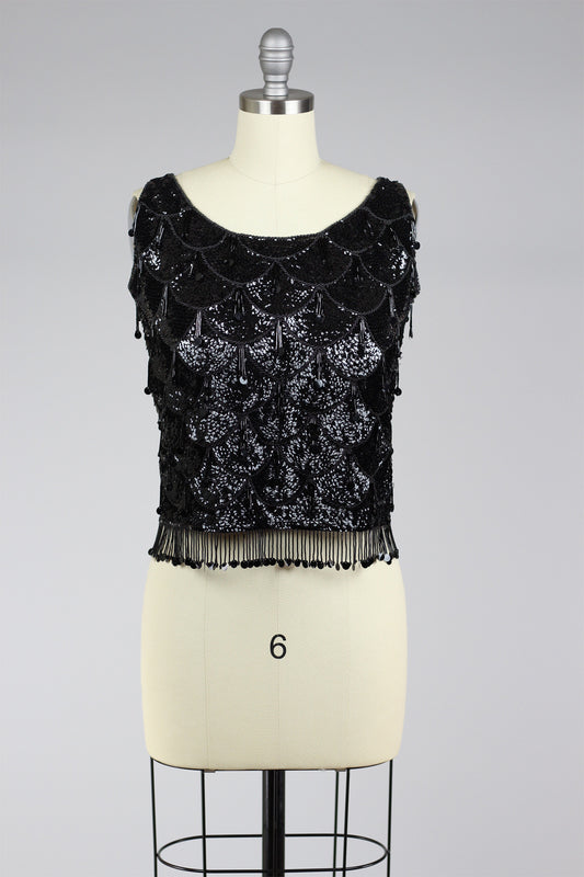 The Ritz 1960s Black Sequin Hand Beaded Top