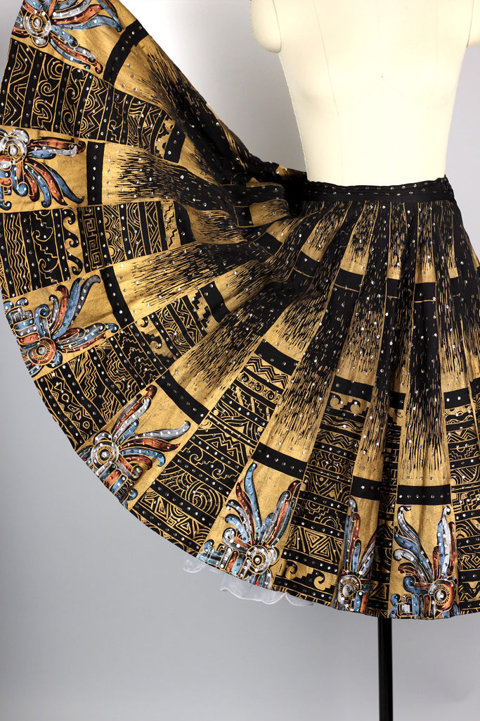 Rare 1940s 50s Hand Painted Metallic Mexican Circle Skirt