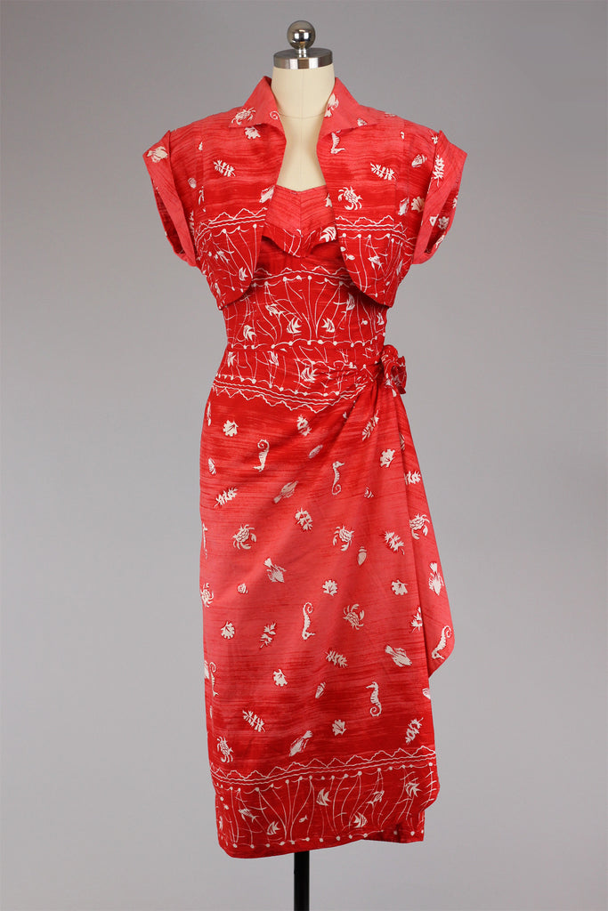 Rare 1950s Red Cotton Hawaiian Sarong Style Tiki Dress