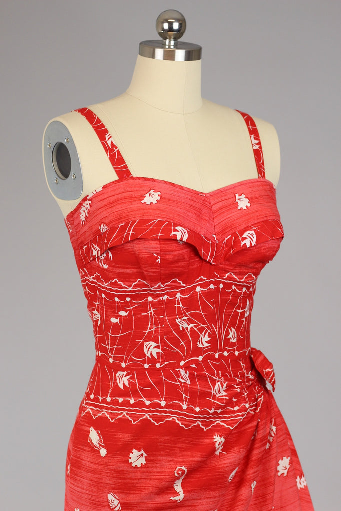 Rare 1950s Red Cotton Hawaiian Sarong Style Tiki Dress