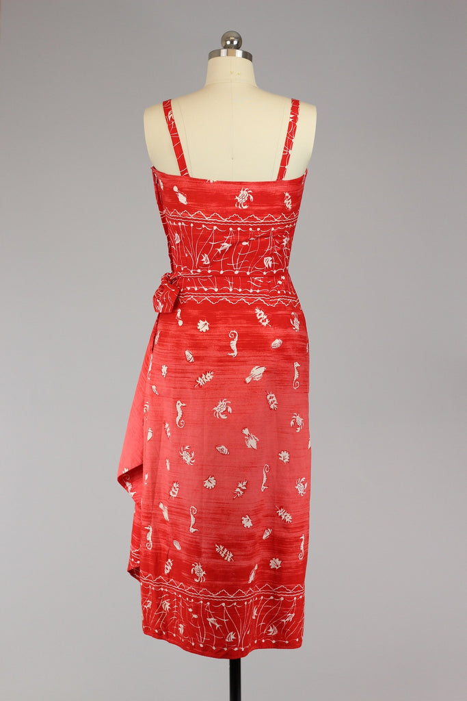 Rare 1950s Red Cotton Hawaiian Sarong Style Tiki Dress