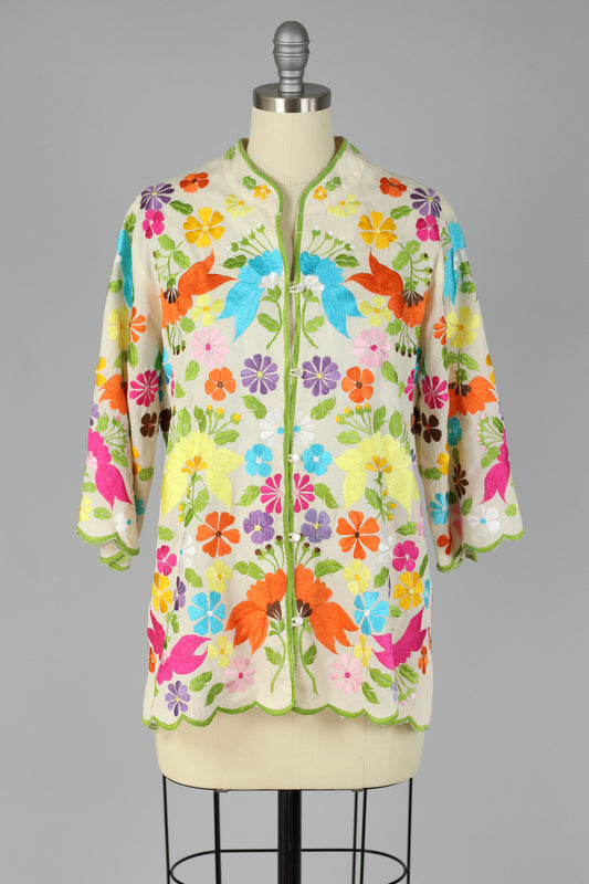Bright Florals 1960s Embroidered Asian Style Blouse