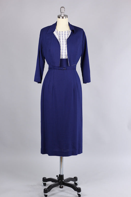 Incredible 1960s Fitted Navy Gabardine Dress with Bolero
