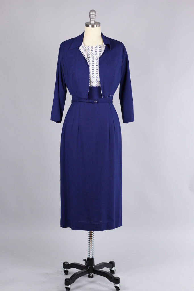 Incredible 1960s Fitted Navy Gabardine Dress with Bolero