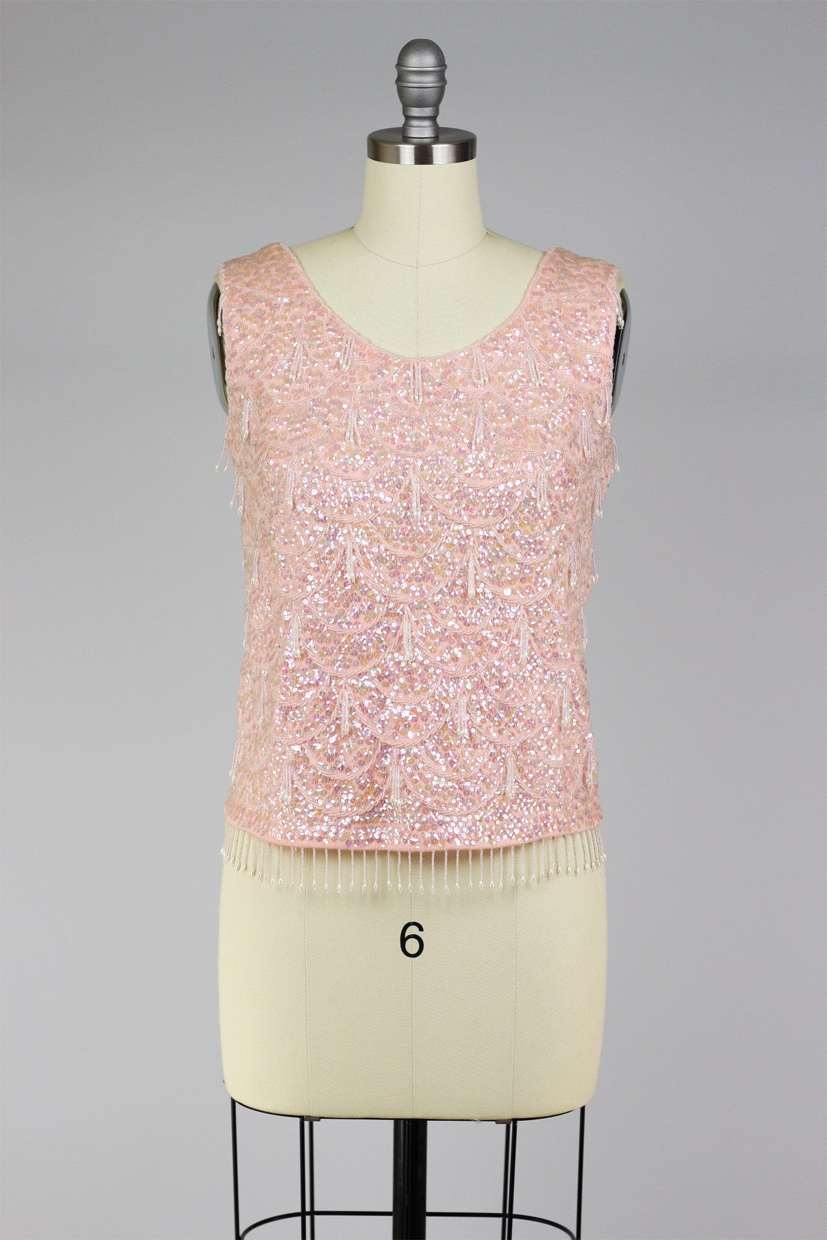 1960s Blush Pink Sequin Hand Beaded Top with Fringe