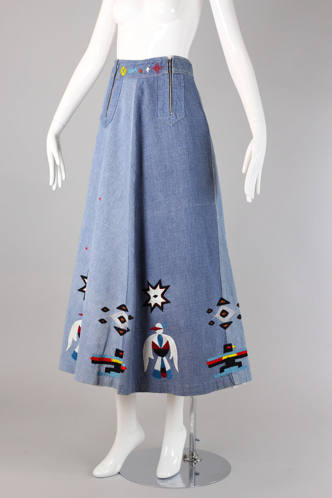 Rare 1970s Southwestern Native American Embroidered Denim Skirt
