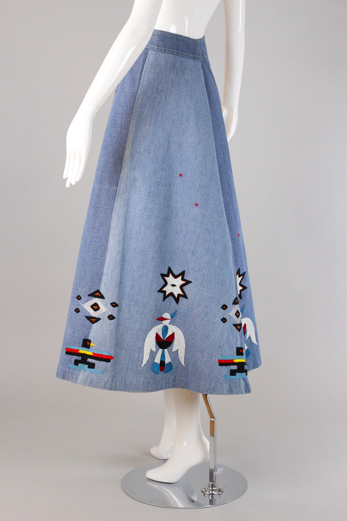 Rare 1970s Southwestern Native American Embroidered Denim Skirt