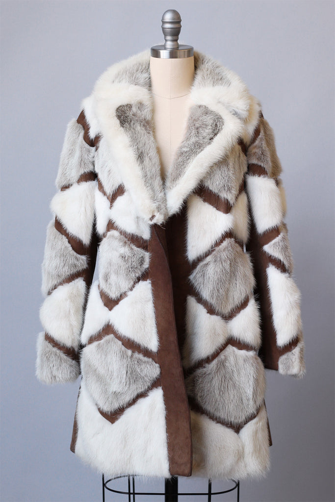 1970s Patchwork Rabbit Fur and Suede Coat