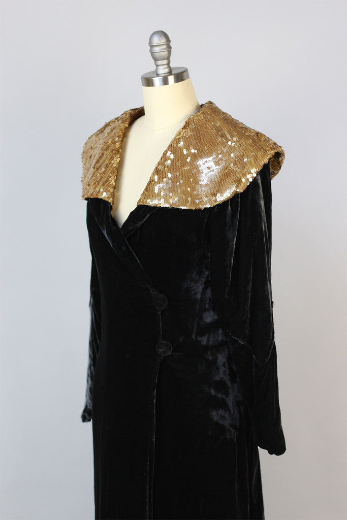 Dazzling 1920s Silk Velvet Opera Coat with Gold Sequin Collar