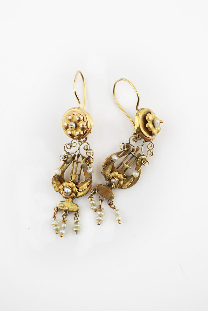 Darling Victorian Gold Lyre Earrings with Seed Pearls