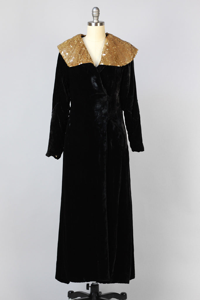 Dazzling 1920s Silk Velvet Opera Coat with Gold Sequin Collar