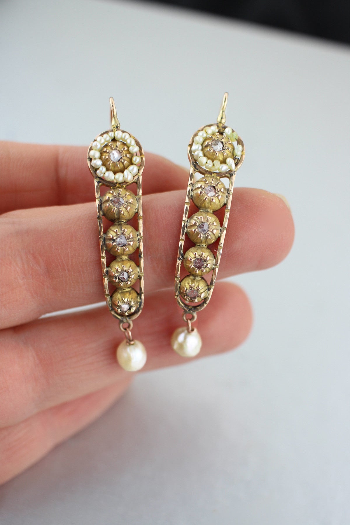 Exquisite Antique Victorian Rose Cut Diamond and Pearl Earrings