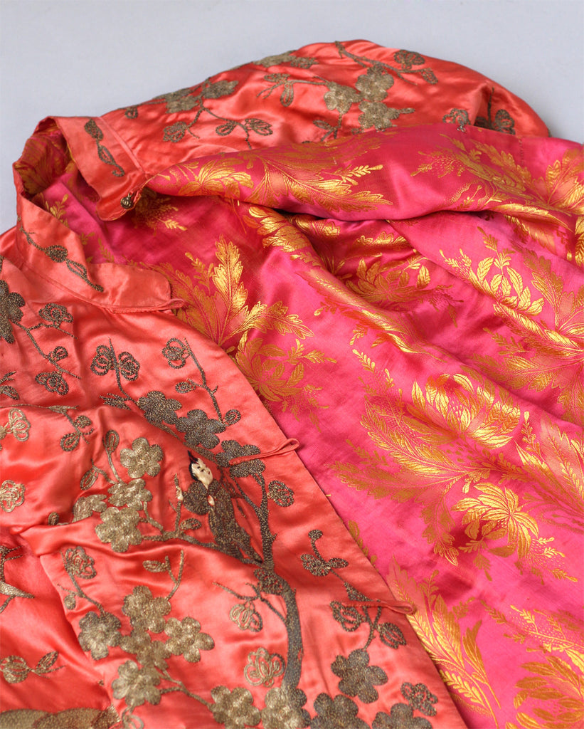 1920s Heavily Embroidered Coral Satin Metallic Chinese Robe