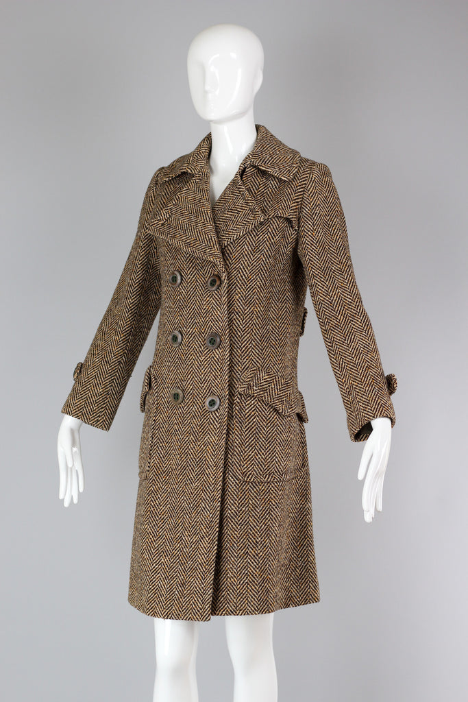 Vintage 1960's Brown Herringbone Wool Coat Made in France