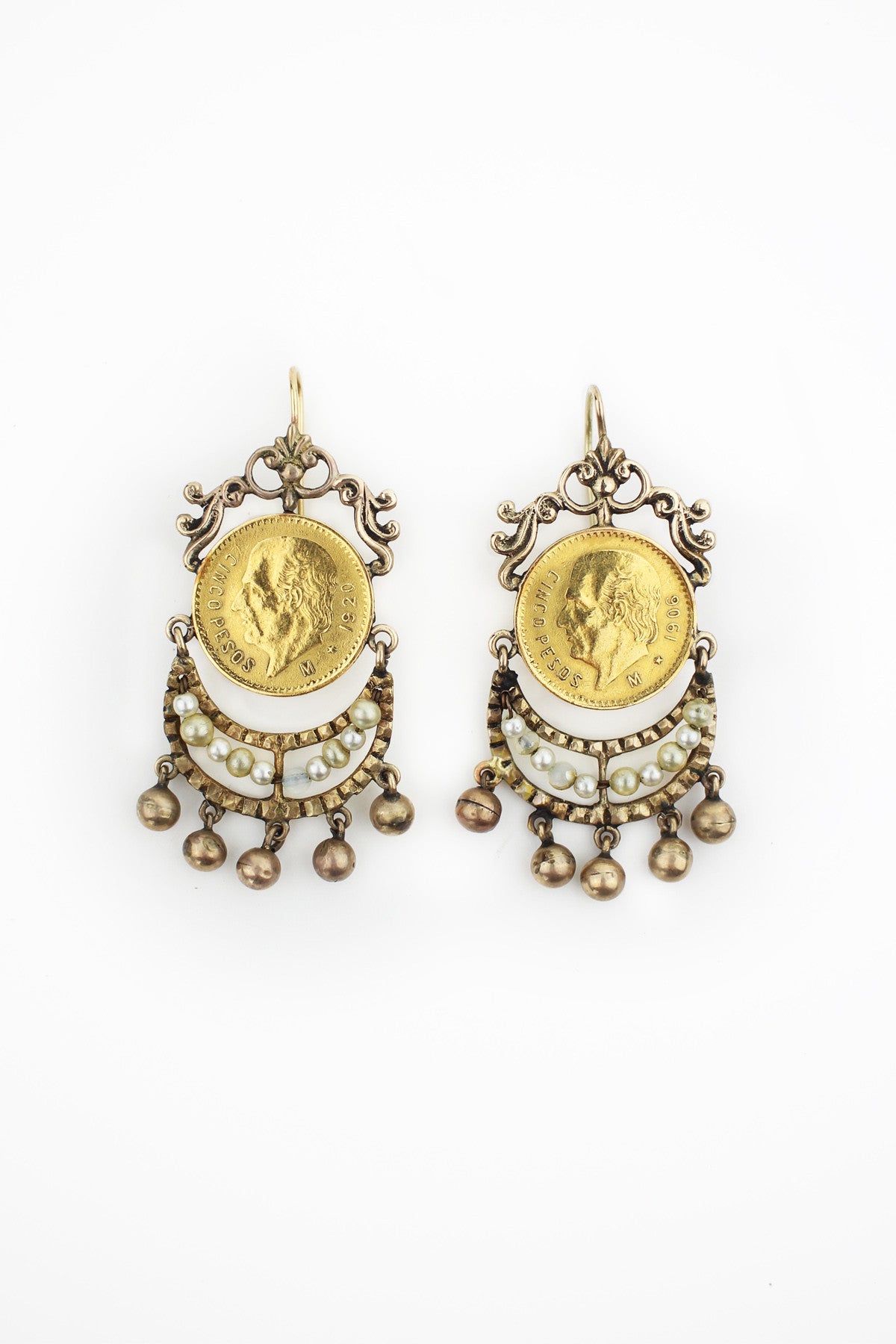 Exquisite Mexican Gold Coin Earrings 1906 1920 Cinco Pesos Gold Coins Muse