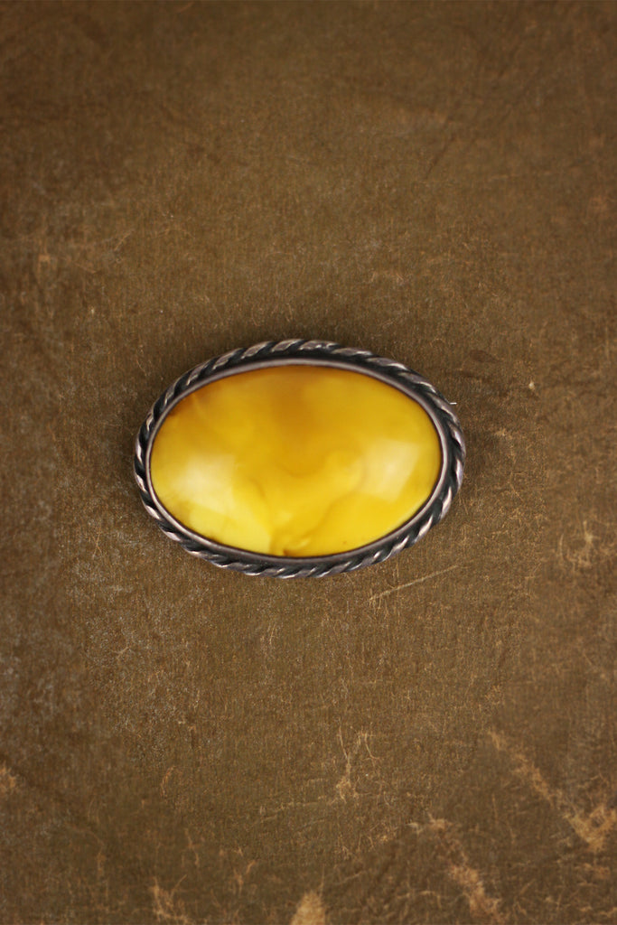 Antique Butterscotch Yellow Amber Sterling Pendant Brooch, Late 1800s