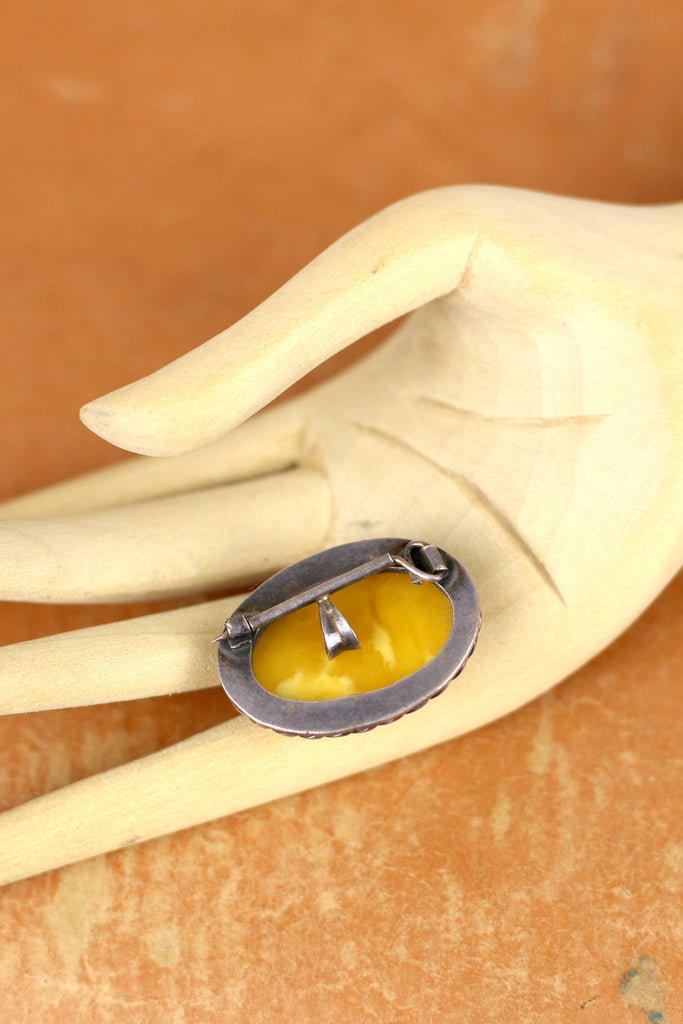 Antique Butterscotch Yellow Amber Sterling Pendant Brooch, Late 1800s