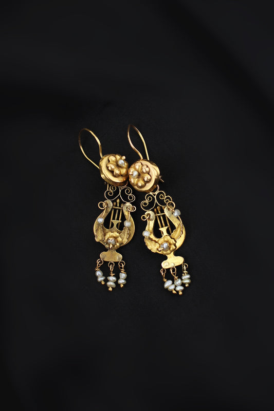 Darling Victorian Gold Lyre Earrings with Seed Pearls