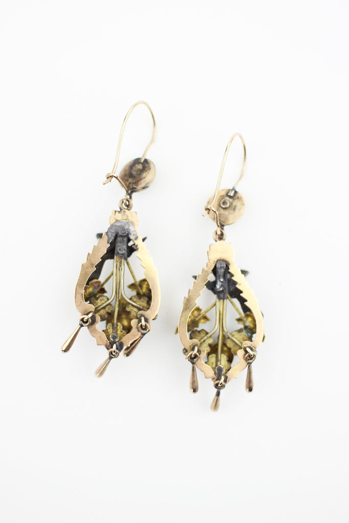 Rare Mexican Victorian Sparrow Earrings with Turquoise, Pearls, and Rose Gold