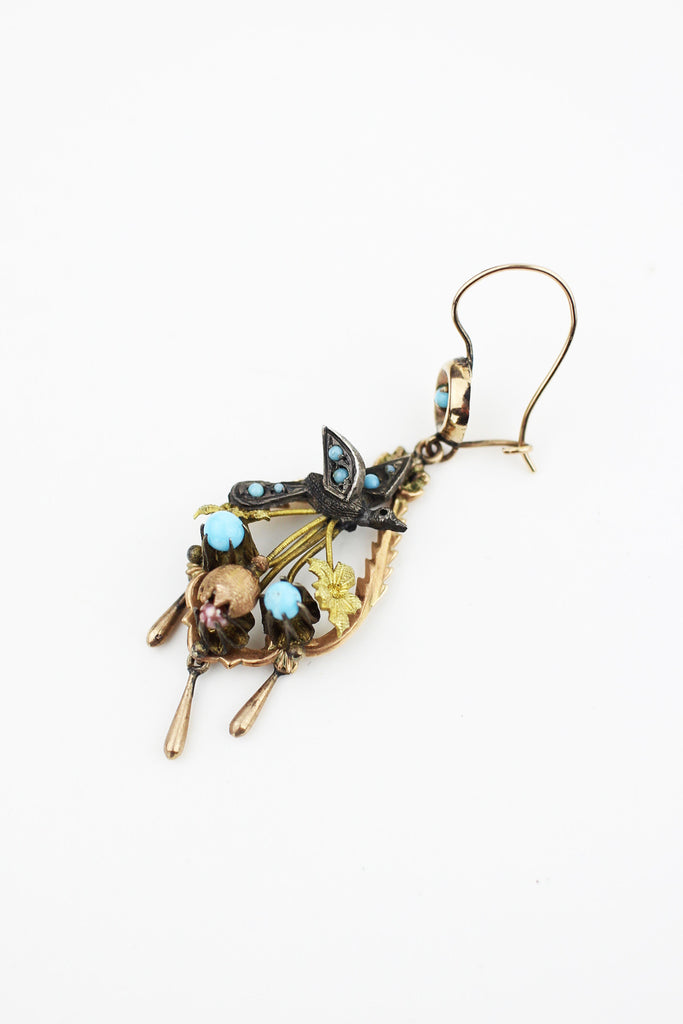 Rare Mexican Victorian Sparrow Earrings with Turquoise, Pearls, and Rose Gold