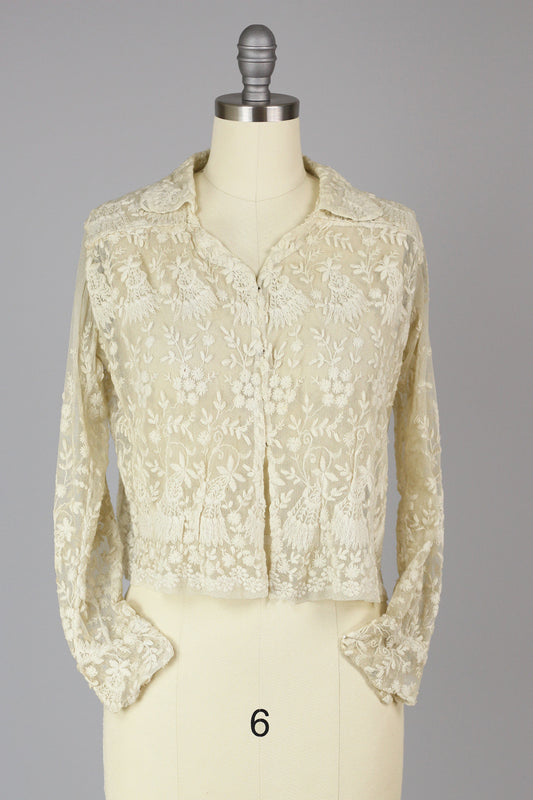 1920s Antique French Lace Jacket with Tambour Embroidery